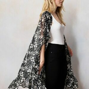 LC Lauren Conrad Sheer Caftan Open Kimono Cardigan Duster Floral One Size Boho